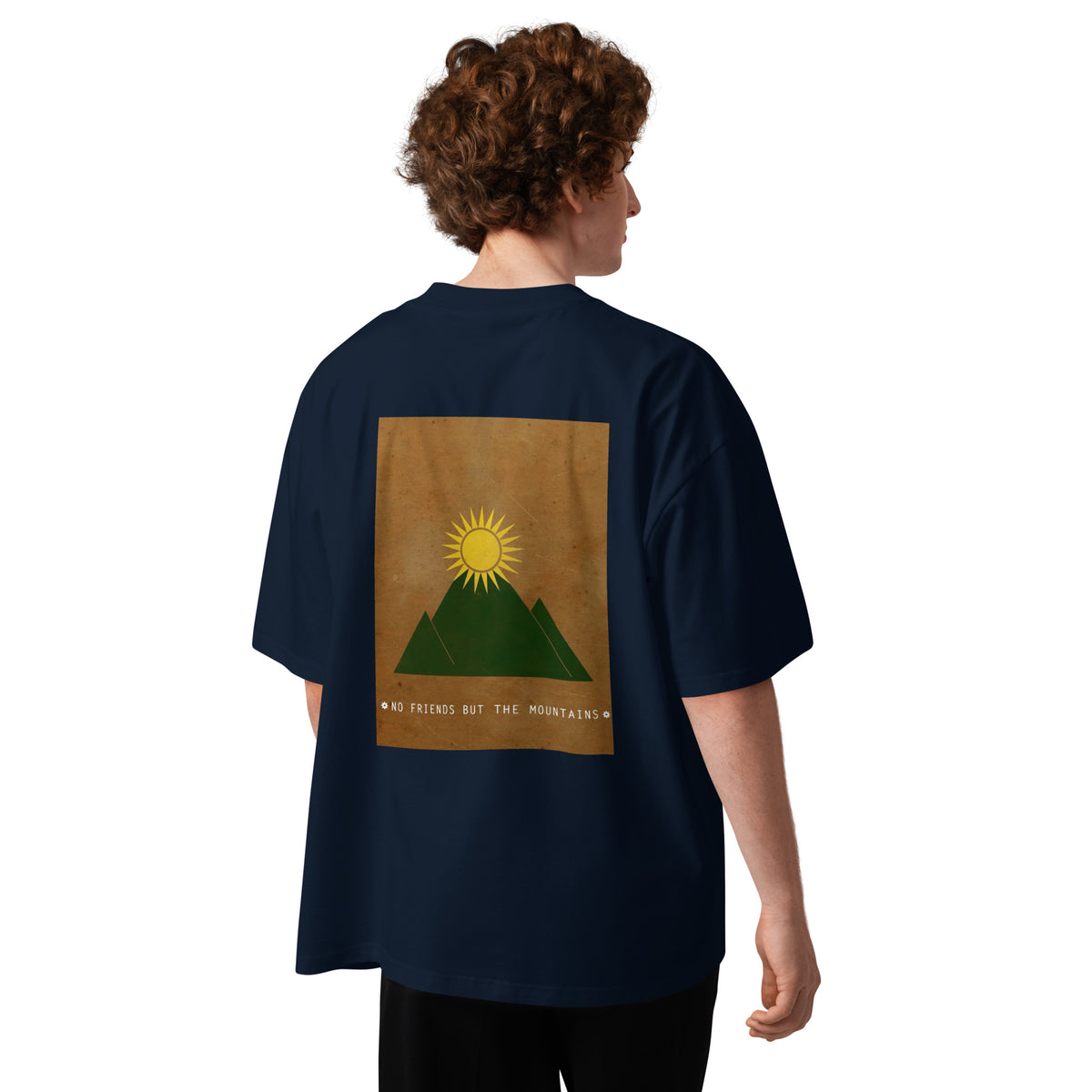 No Friends But the Mountains Oversized T-Shirt | Organic Cotton – Model Back View