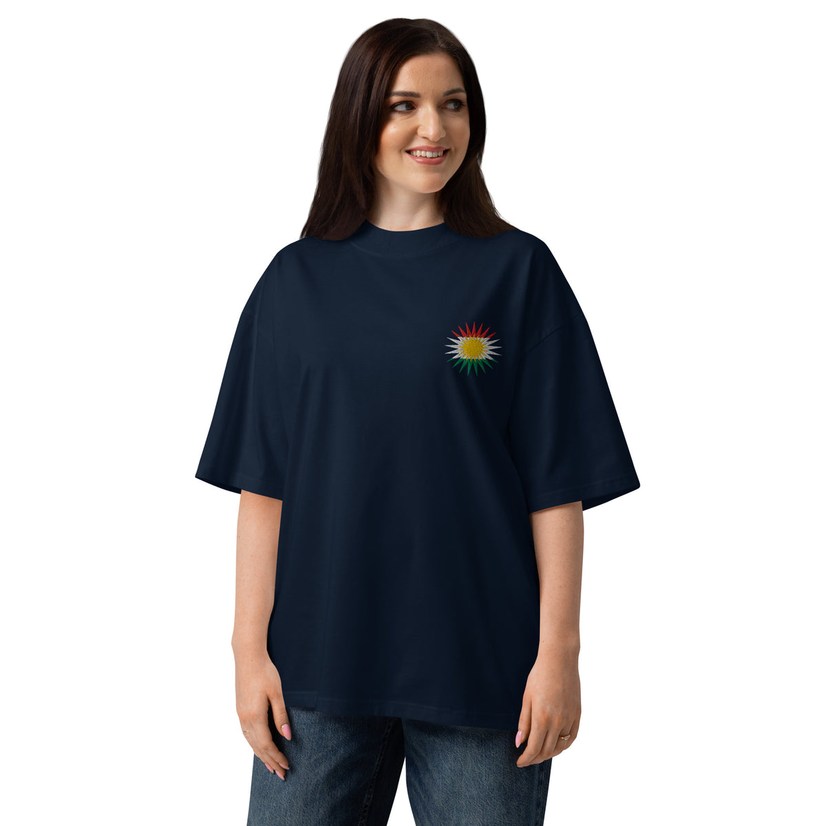 Camiseta unisex con la bandera de Kurdistán bordada – Camiseta kurda oversize – Detalle del tejido