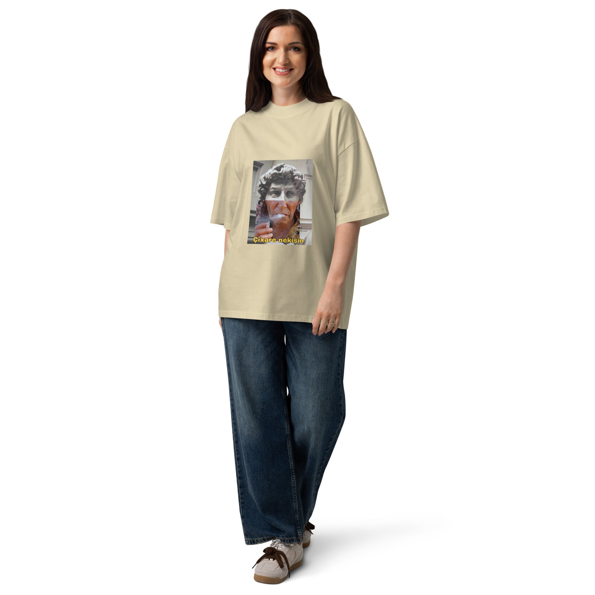 Cixare Nekişin Kurdish Oversized High-Neck T-Shirt | Organic Cotton Unisex Tee – Model Back View (2)