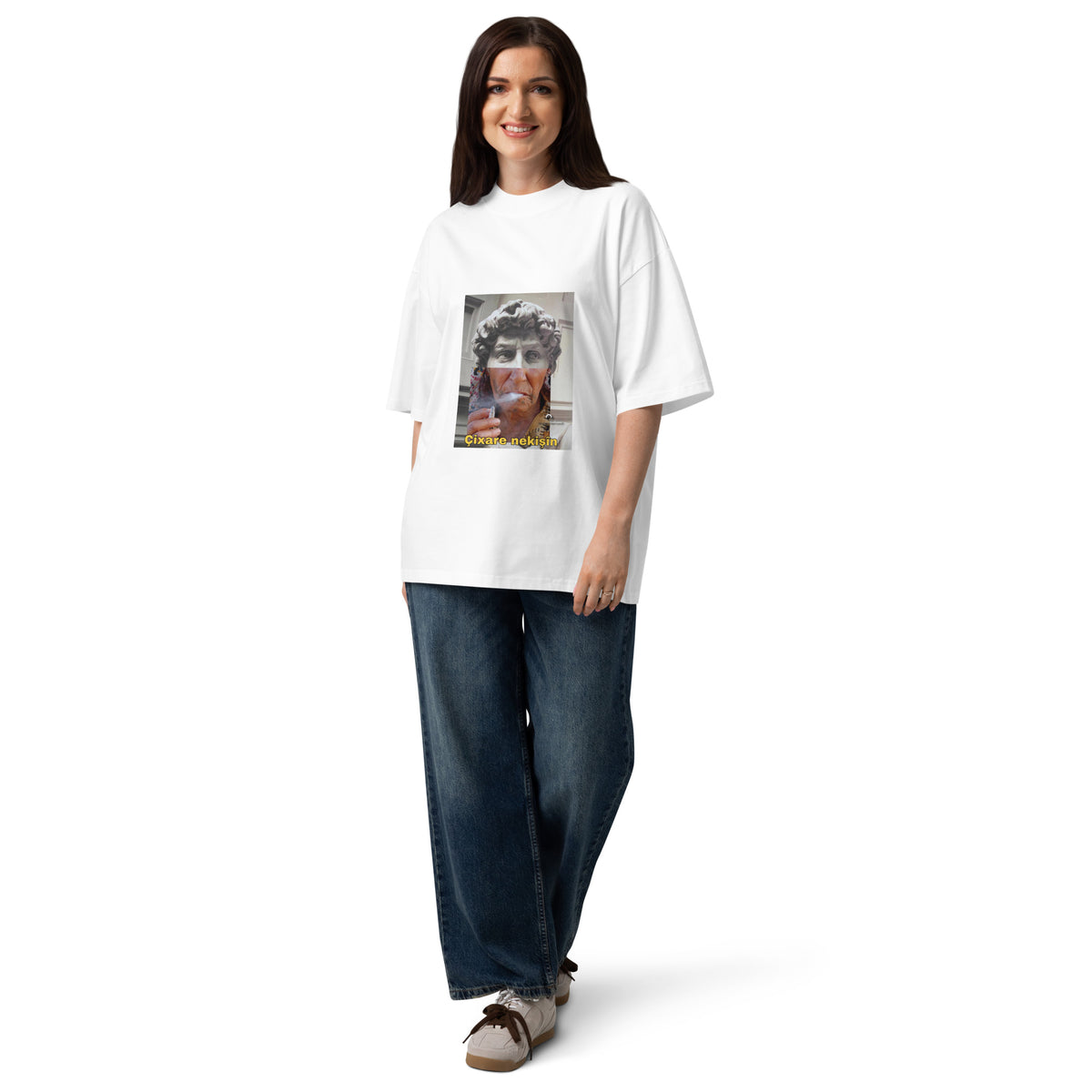 Cixare Nekişin Kurdish Oversized High-Neck T-Shirt | Organic Cotton Unisex Tee – Model Front View (2)