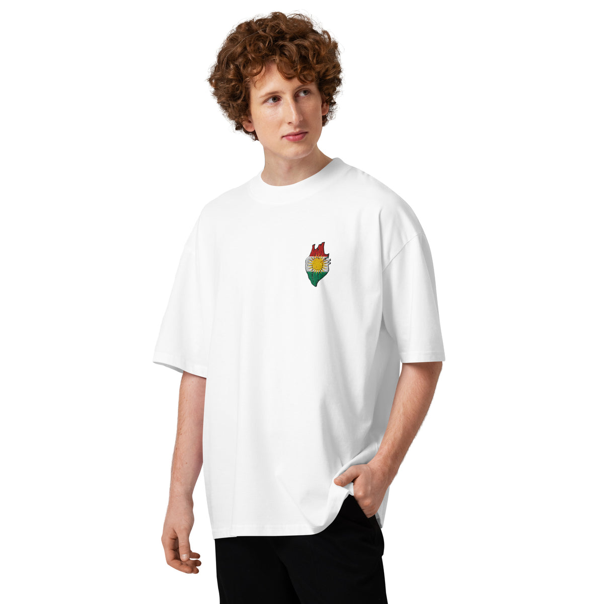 Embroidered Kurdistan Unisex T-Shirt – Kurdistan Hard Oversized Tee – Model Front View
